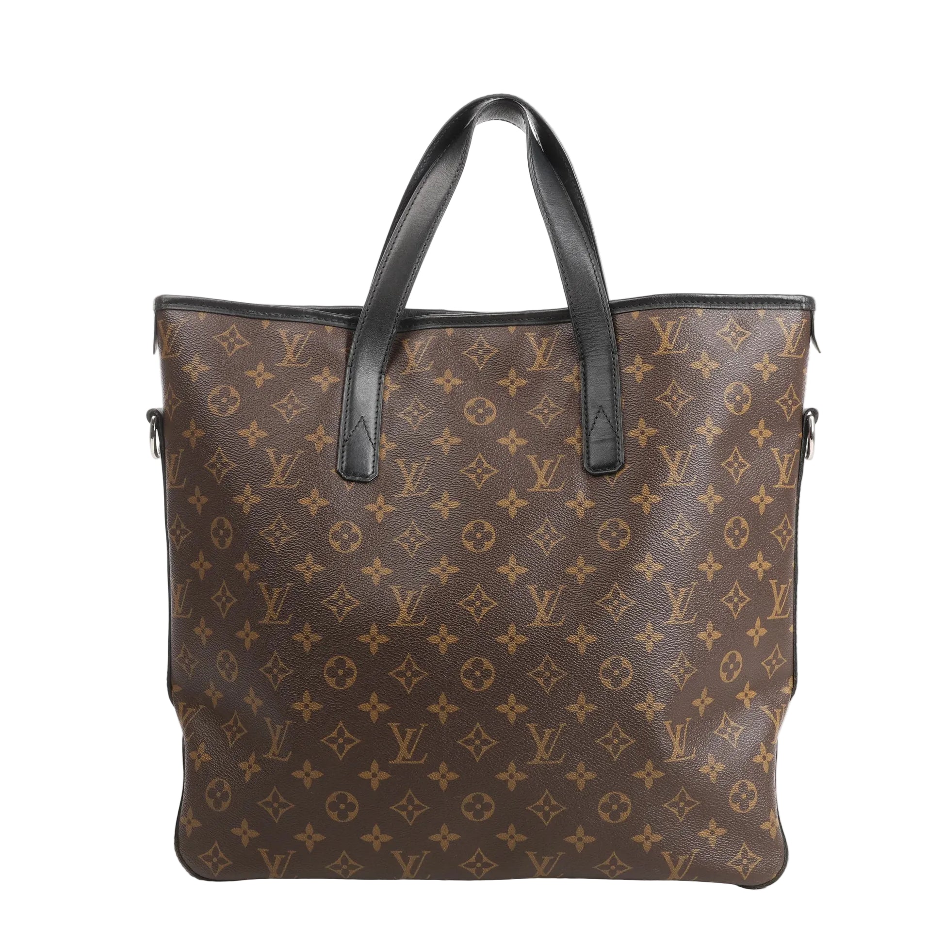 Front view of a Louis Vuitton Davis handbag in brown Damier Ebene coated canvas with black leather top handles, structured silhouette, and side D-rings for optional strap.