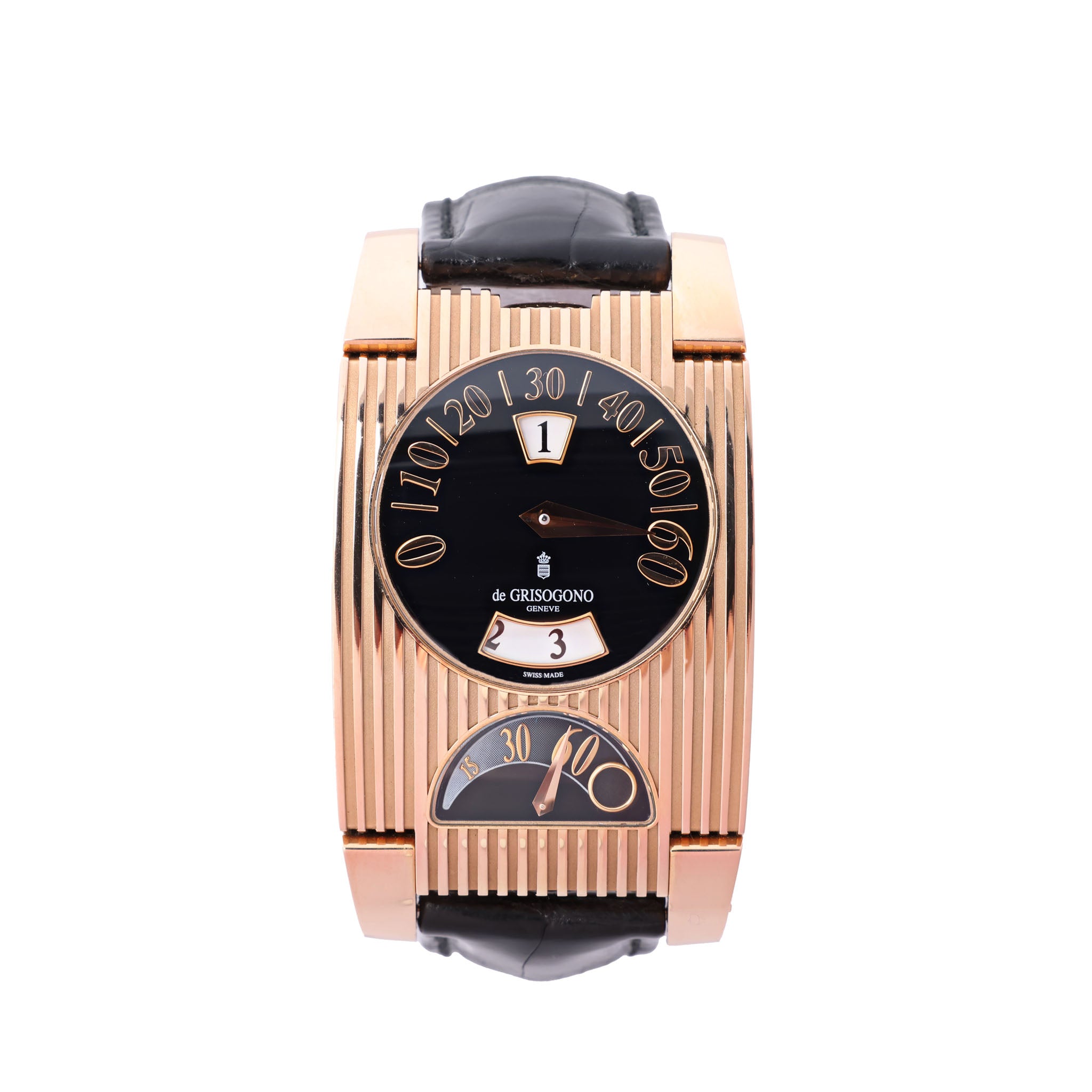 De Grisogono FG ONE watch with black dial, ribbed 18k pink gold case, black leather strap and curved numeral displays.