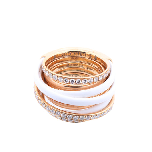 De Grisogono Allegra Rose Gold and White Ceramic with Diamonds Ring, Size 53 EU