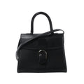 Front view of Delvaux Brillant MM handbag in black leather with top handle, shoulder strap, flap closure, and silver-tone horseshoe buckle hardware.