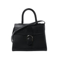Front view of Delvaux Brillant MM handbag in black leather with top handle, shoulder strap, flap closure, and silver-tone horseshoe buckle hardware.