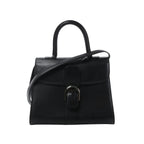 Front view of Delvaux Brillant MM handbag in black leather with top handle, shoulder strap, flap closure, and silver-tone horseshoe buckle hardware.