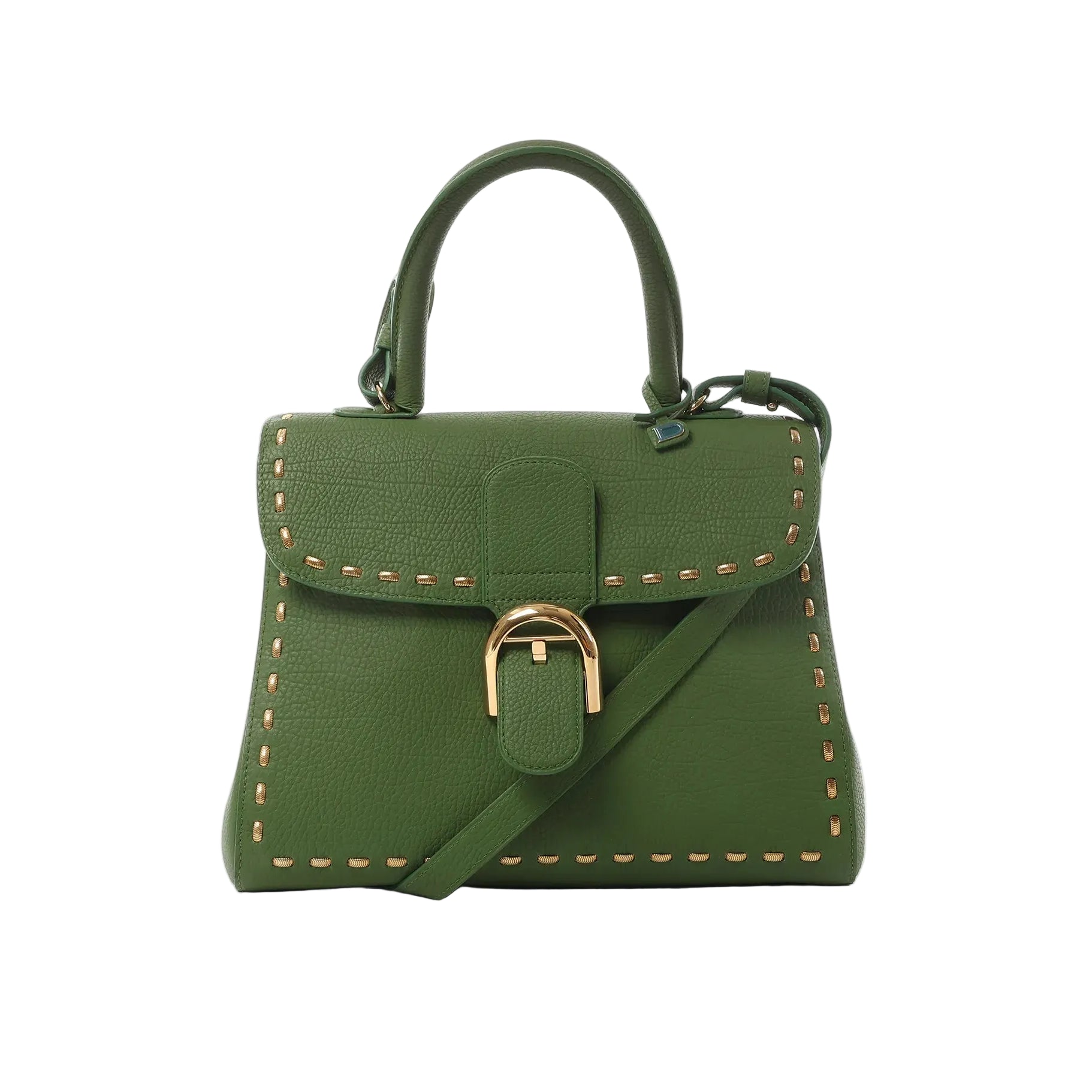 Front view of Delvaux Brillant MM handbag in textured green leather with top handle, detachable shoulder strap, contrast stitch detailing, and gold-tone buckle closure.