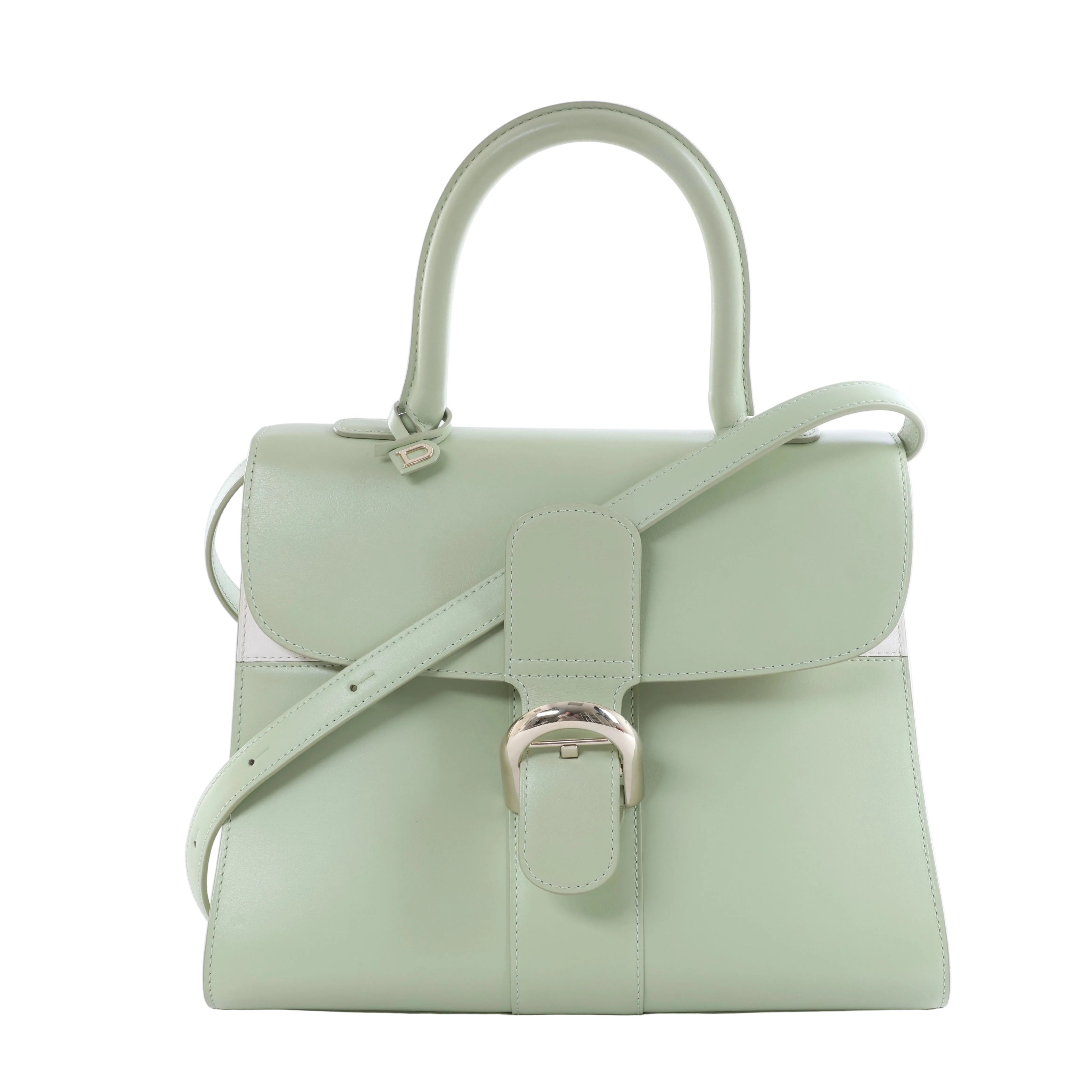 Green Delvaux Brillant MM leather handbag with structured top handle, shoulder strap and silver-tone signature buckle on a white background.
