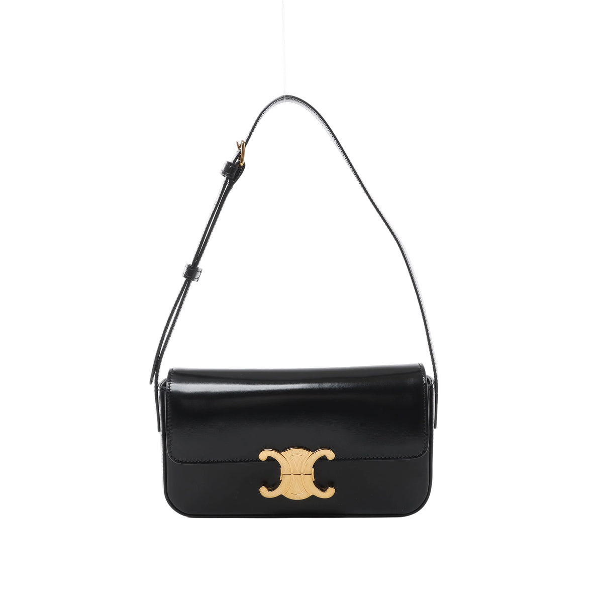 Black Celine Claude leather shoulder bag with a front flap, gold-tone Triomphe clasp and adjustable leather shoulder strap.