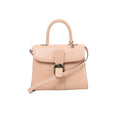Front view of Delvaux Brillant MM pale pink leather handbag with a curved flap, dark metallic buckle, rounded top handle and matching shoulder strap.