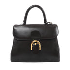 Dark brown Delvaux Brillant MM leather handbag with a curved top handle, rounded front flap and large gold-tone buckle.