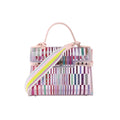 Delvaux Tempête GM transparent pink vinyl and rubber 2-way handbag with multicolor striped pattern, pink top handle, and wide pastel striped shoulder strap on white background.
