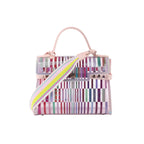Delvaux Tempête GM transparent pink vinyl and rubber 2-way handbag with multicolor striped pattern, pink top handle, and wide pastel striped shoulder strap on white background.