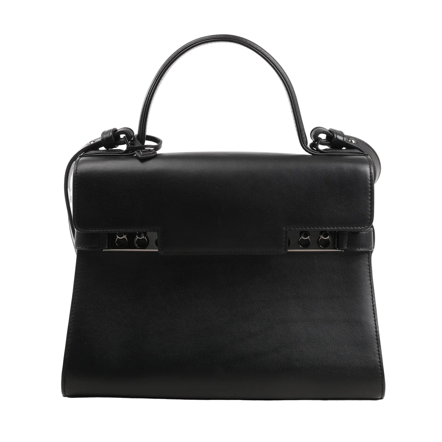 Delvaux Tempête MM 2Way handbag in black smooth leather featuring a structured silhouette, top handle, detachable shoulder strap, and signature studded metal bar closure.