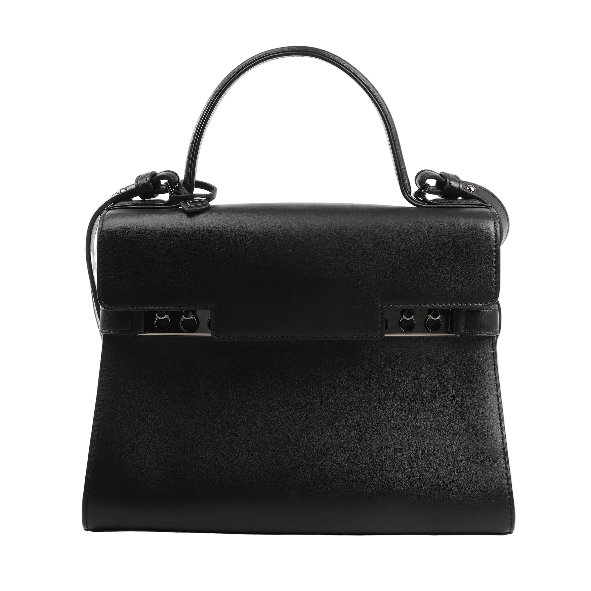 Delvaux Tempête MM 2Way handbag in black smooth leather featuring a structured silhouette, top handle, detachable shoulder strap, and signature studded metal bar closure.
