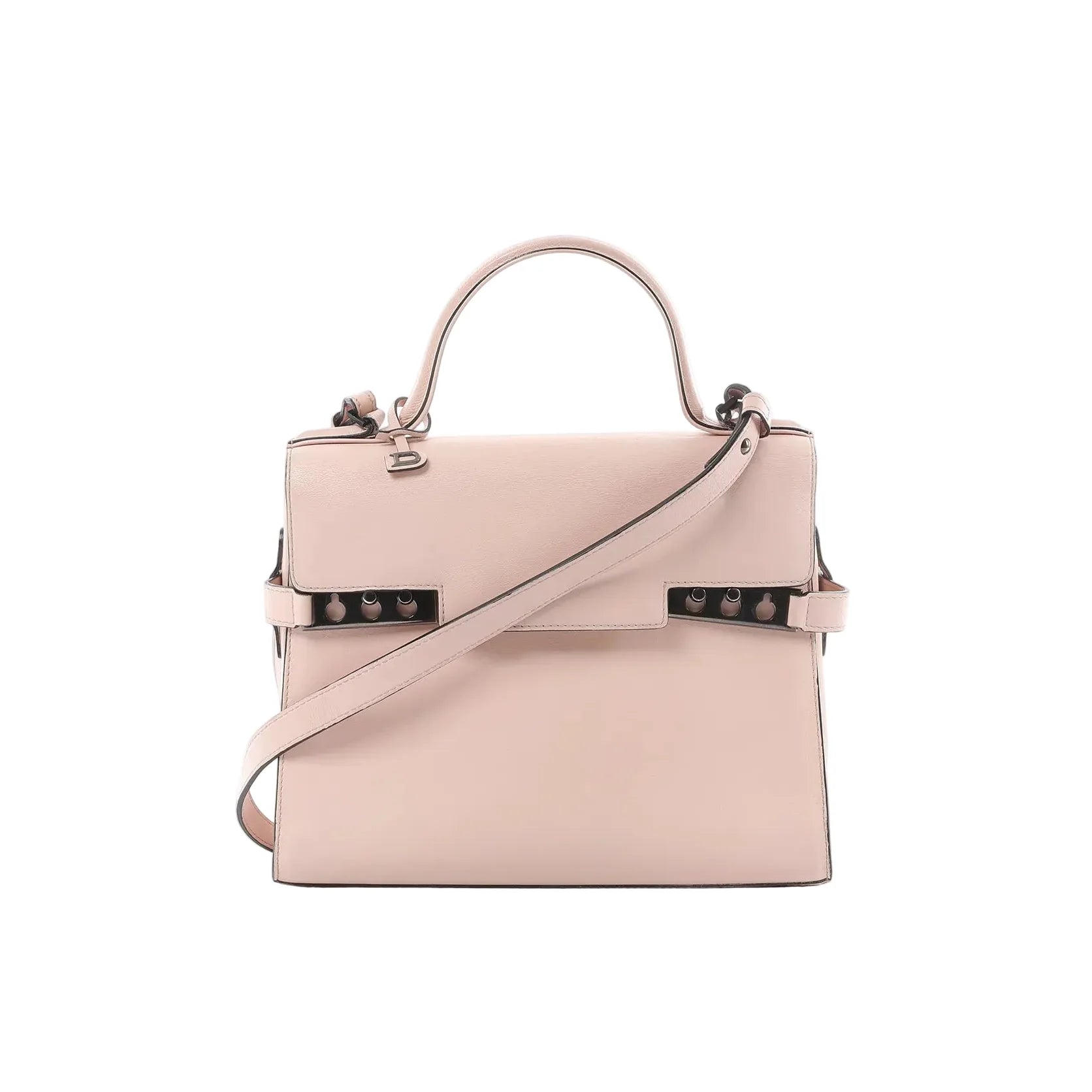 Front view of Delvaux Tempête MM handbag in pale pink leather with top handle, flap front, detachable shoulder strap, and metal side hardware details.