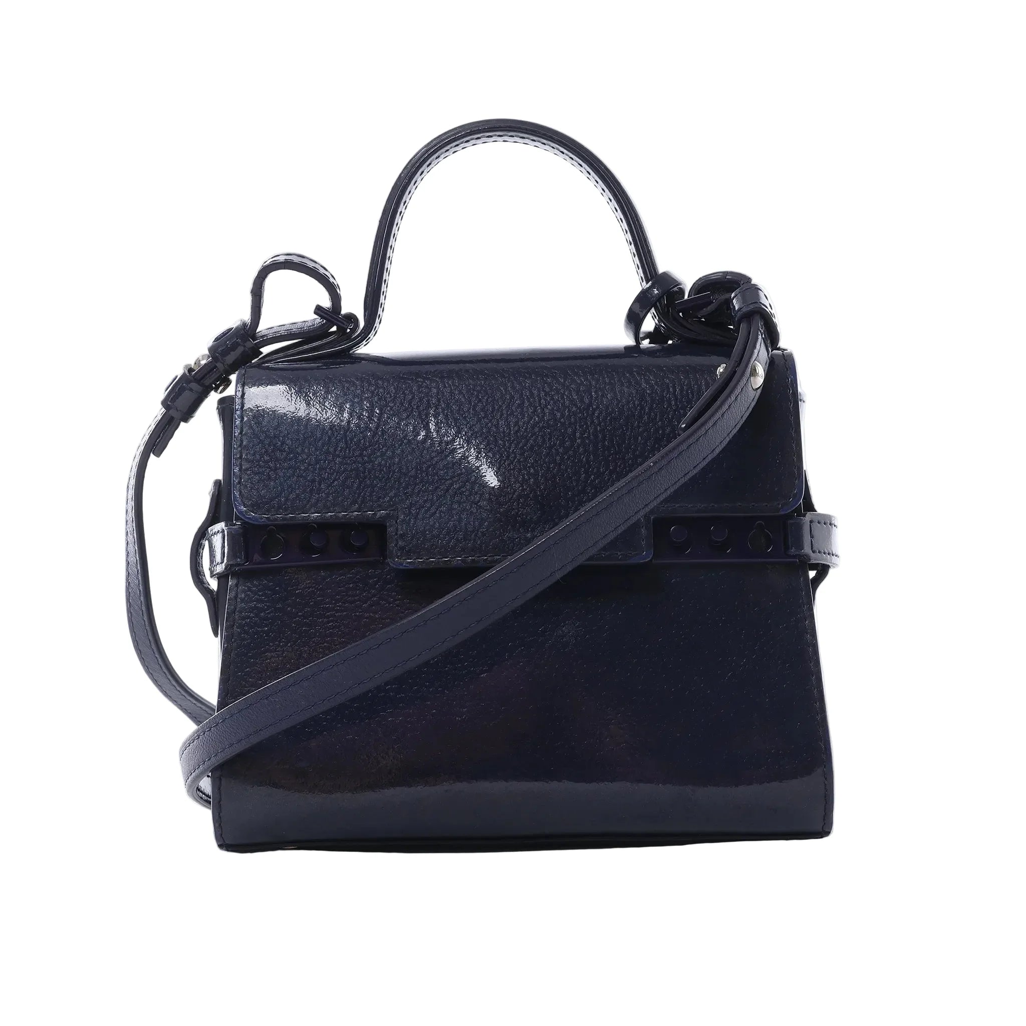 Front view of Delvaux Tempête Mini bag in glossy navy patent leather with top handle, adjustable shoulder strap, flap front, and riveted strap-style detailing.