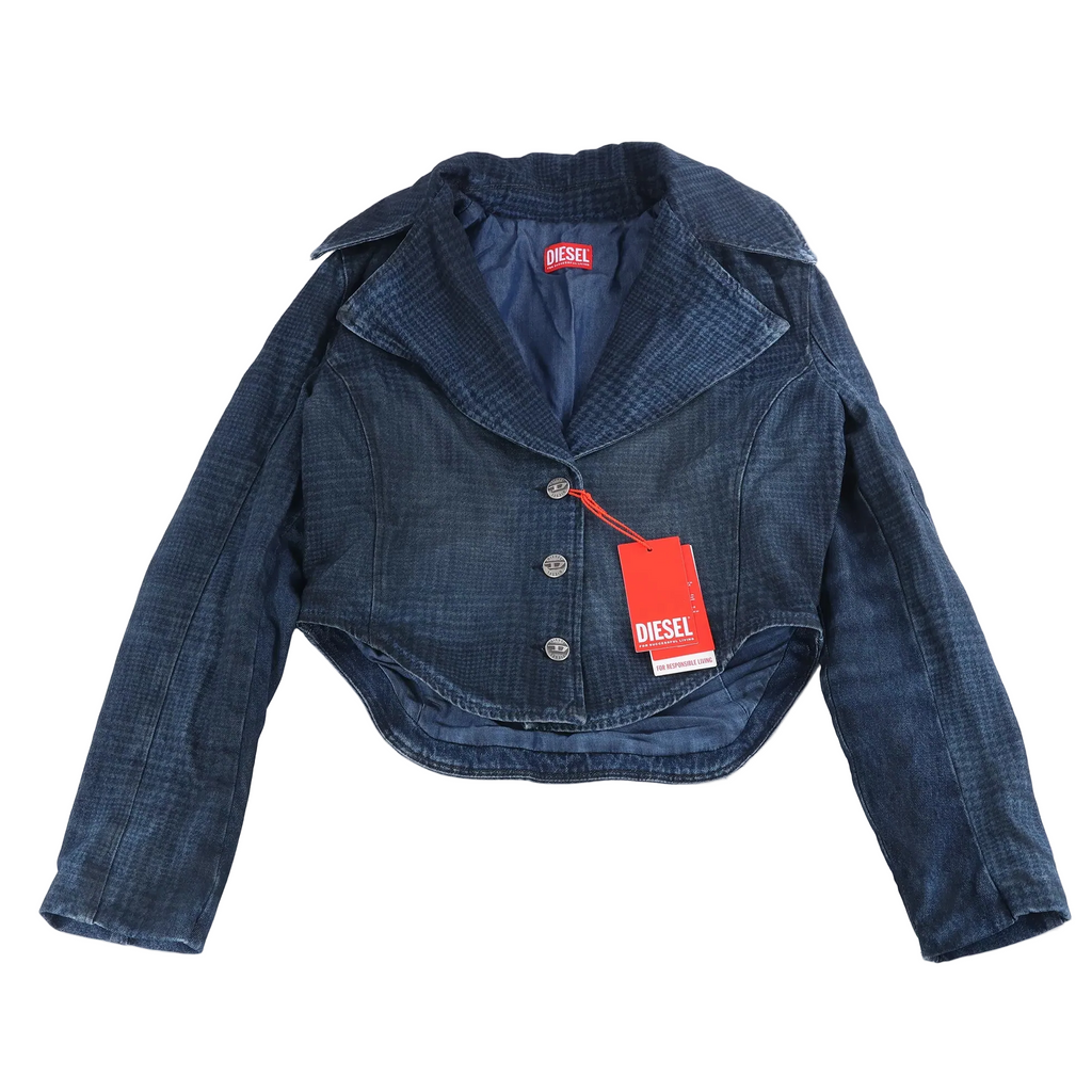 Navy blue Diesel cropped denim jacket with notched lapels, three-button front, long sleeves and subtle textured pattern.