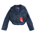 Navy blue Diesel cropped denim jacket with notched lapels, three-button front, long sleeves and subtle textured pattern.