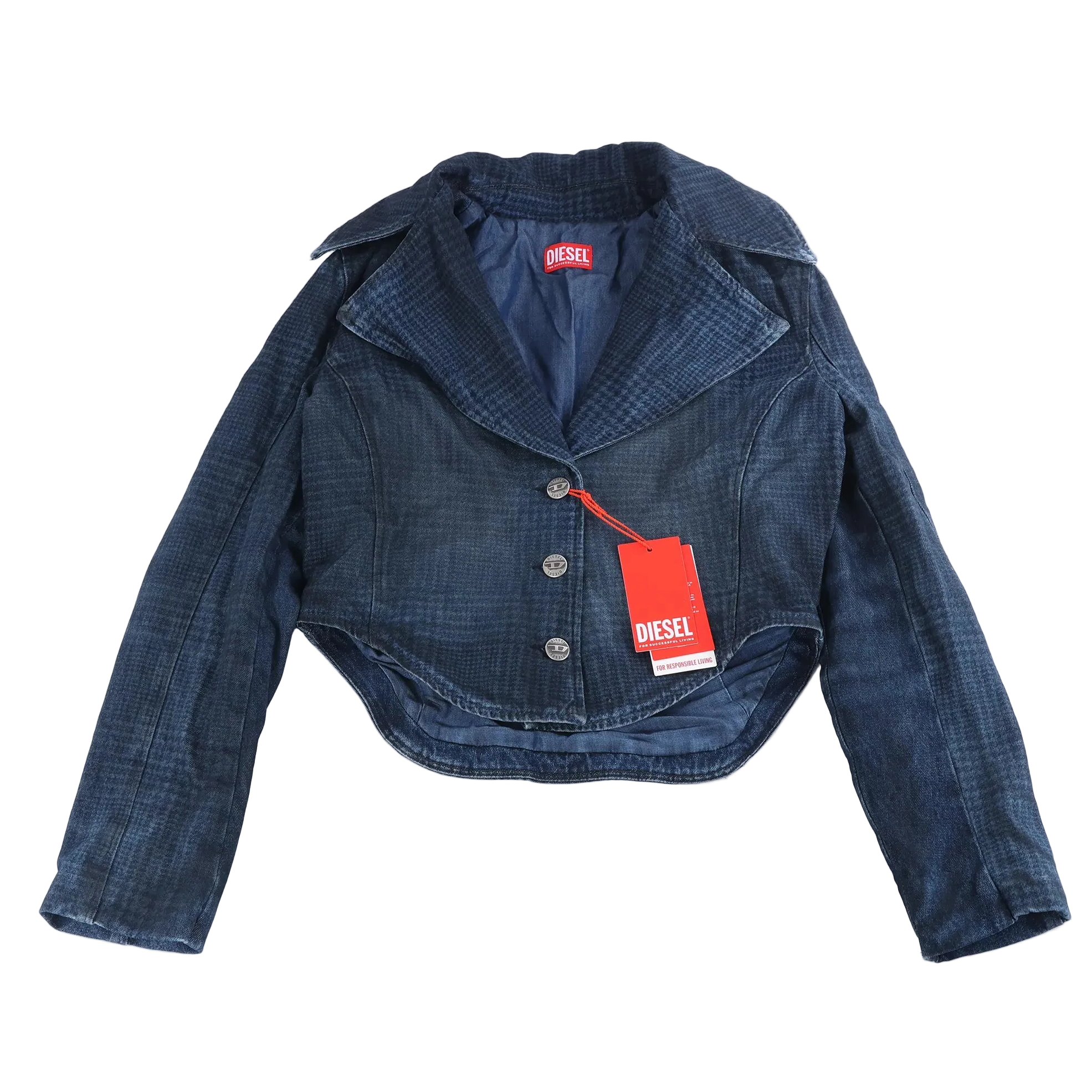 Navy blue Diesel cropped denim jacket with notched lapels, three-button front, long sleeves and subtle textured pattern.