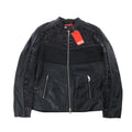 Diesel L-Leopol black leather jacket with textured panel inserts, stand collar, front zip closure and two silver-tone zip pockets.