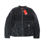 Diesel L-Leopol black leather jacket with textured panel inserts, stand collar, front zip closure and two silver-tone zip pockets.