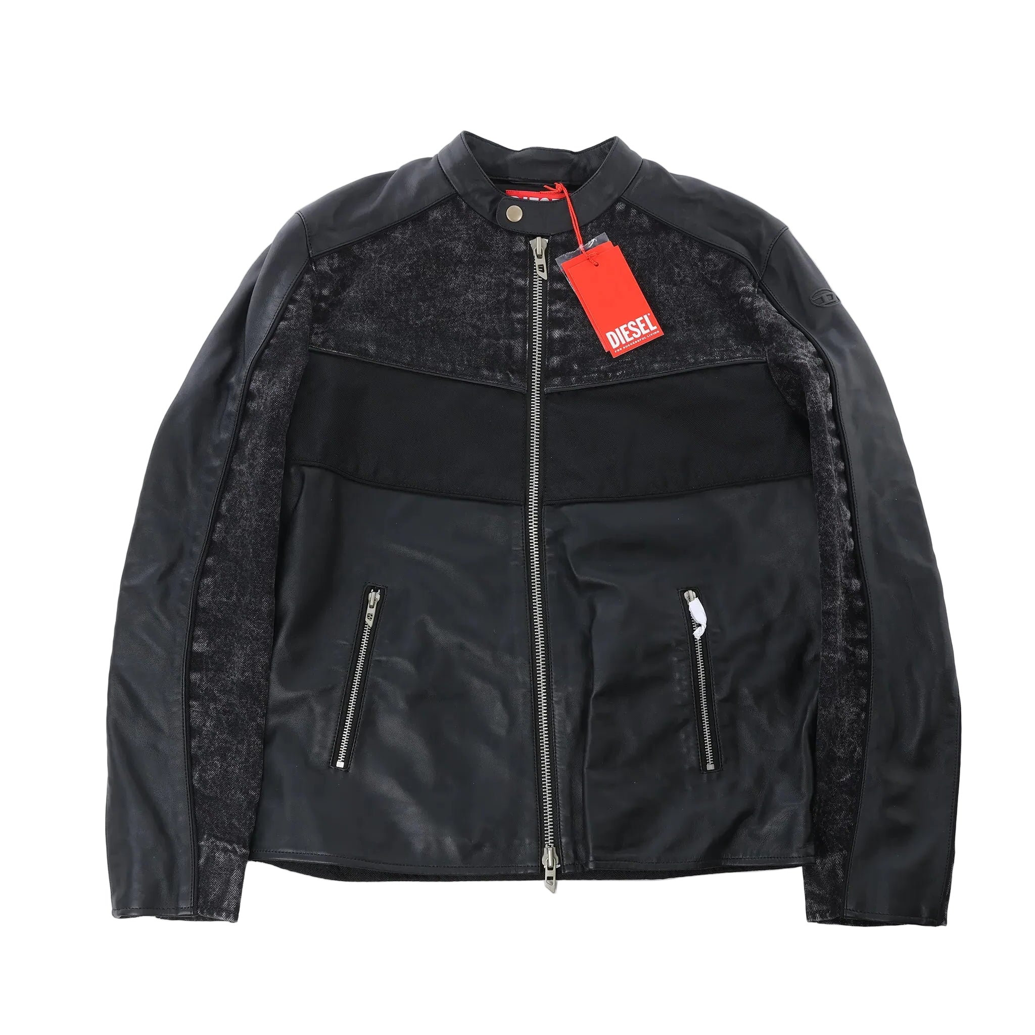 Diesel L-Leopol black leather jacket with textured panel inserts, stand collar, front zip closure and two silver-tone zip pockets.