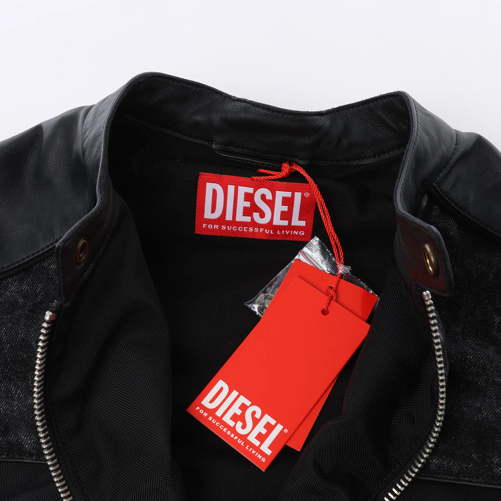 Diesel L-LEOPOL Leather Jacket in Black, Size 46 IT