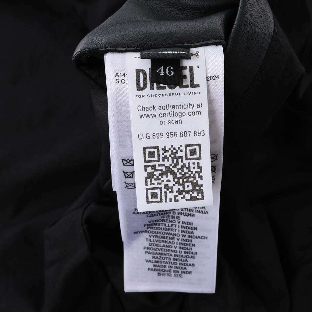 Diesel L-LEOPOL Leather Jacket in Black, Size 46 IT