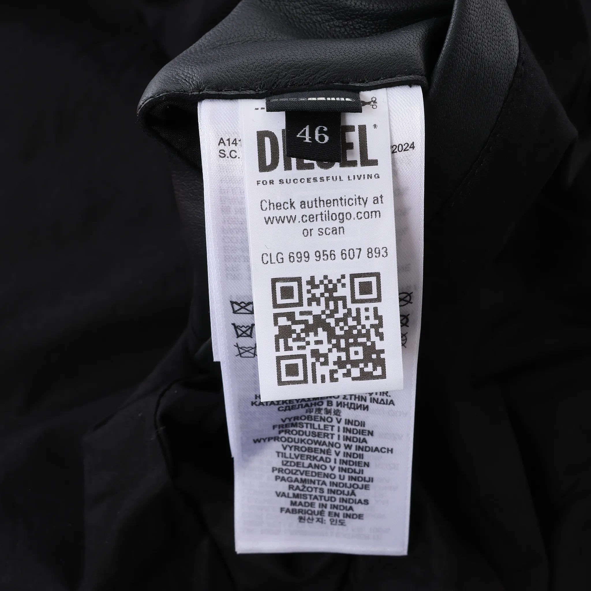 Diesel L-LEOPOL Leather Jacket in Black, Size 46 IT