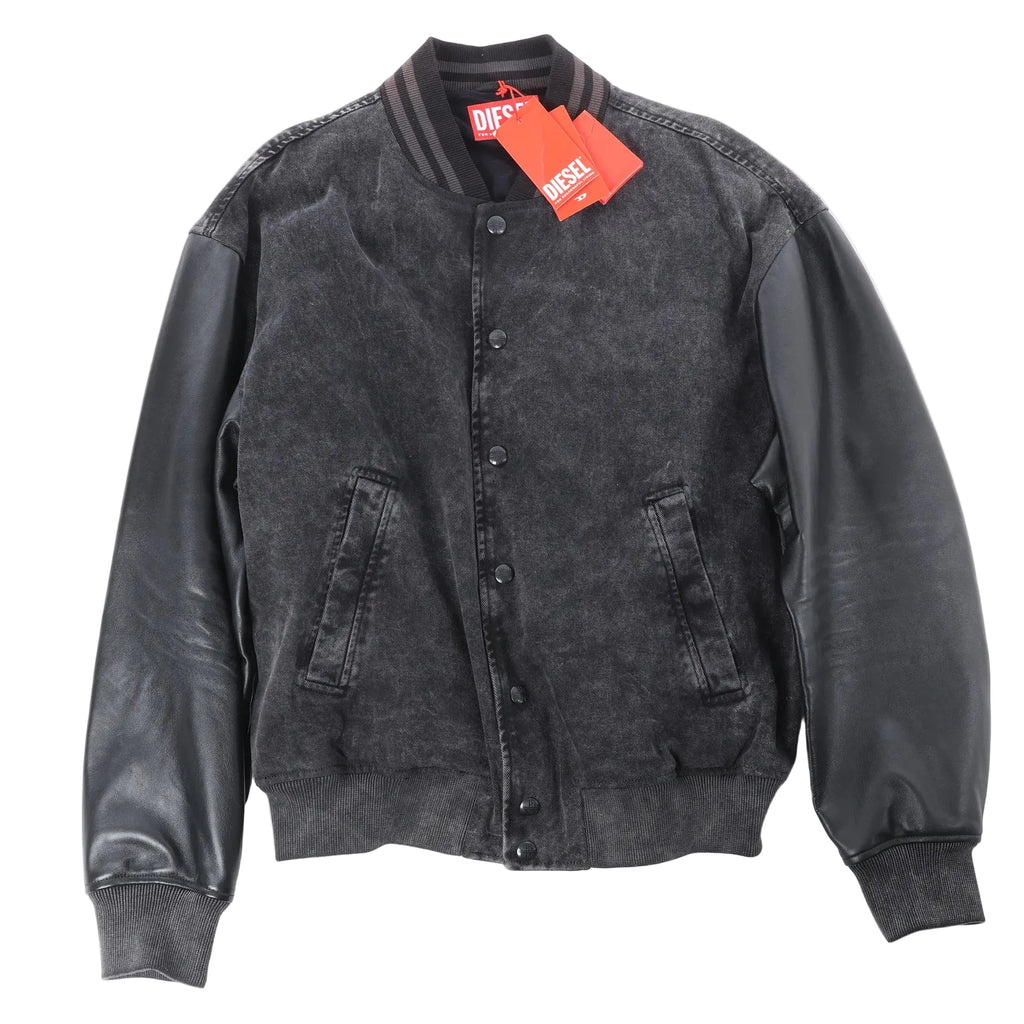 Diesel black washed denim bomber jacket with black leather sleeves, striped rib-knit collar, snap-button front, ribbed cuffs and hem, and red Diesel tags.