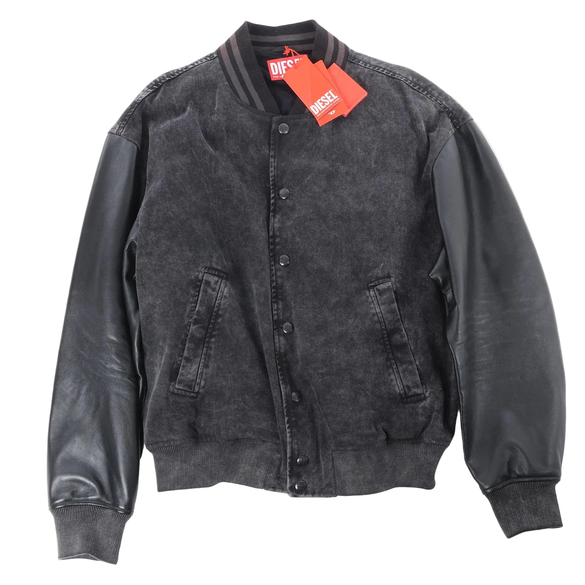 Diesel black washed denim bomber jacket with black leather sleeves, striped rib-knit collar, snap-button front, ribbed cuffs and hem, and red Diesel tags.