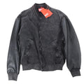 Diesel black washed denim bomber jacket with black leather sleeves, striped rib-knit collar, snap-button front, ribbed cuffs and hem, and red Diesel tags.