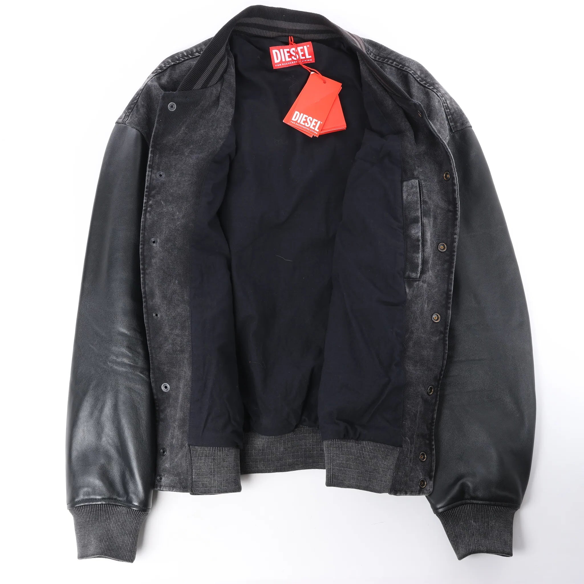 Diesel L-NYN Leather and Denim Bomber Jacket in Black, 50 IT
