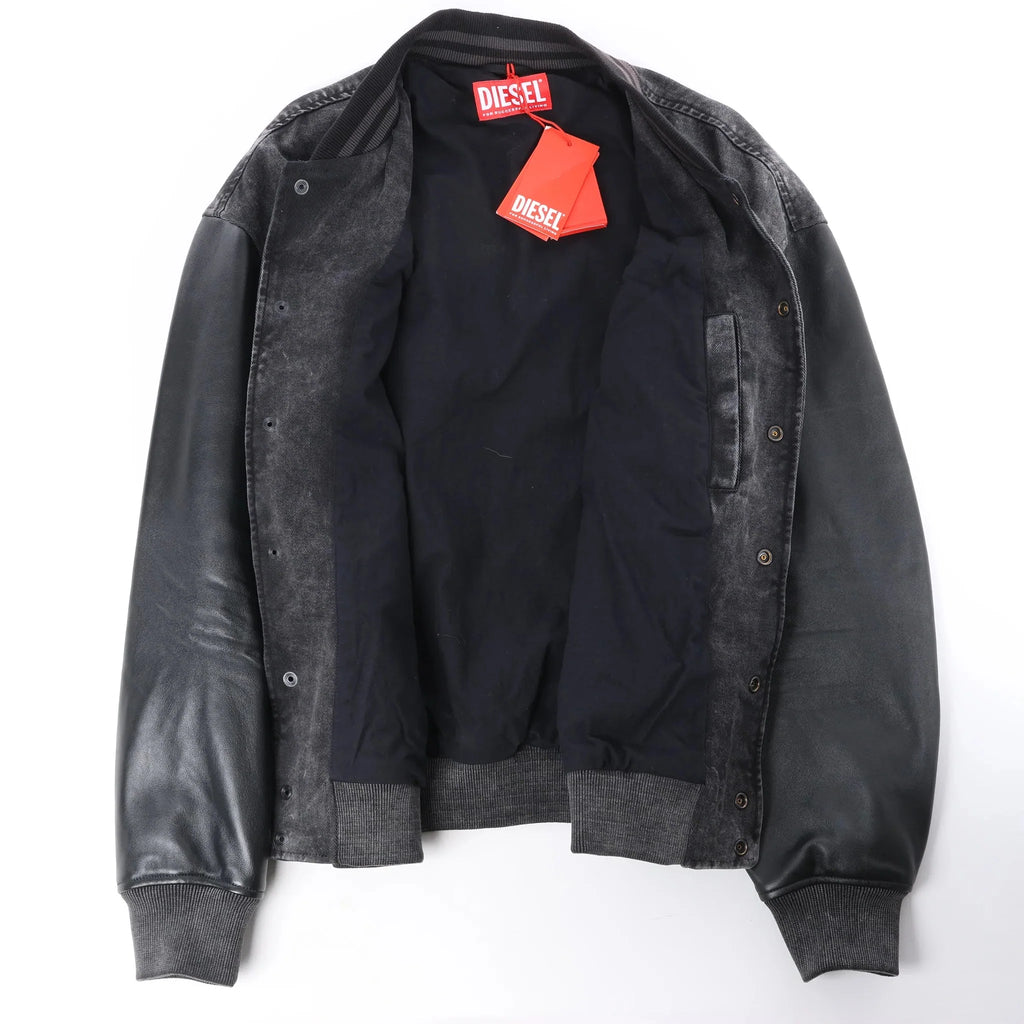 Diesel L-NYN Leather and Denim Bomber Jacket in Black, 50 IT