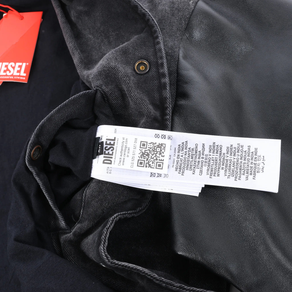 Diesel L-NYN Leather and Denim Bomber Jacket in Black, 50 IT