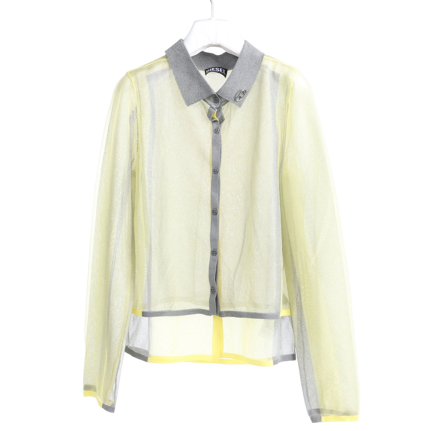 DIESEL long-sleeved shirt in sheer yellow fabric with metallic lurex detail, featuring a gray contrast collar, button placket, and hem accents, shown on a hanger in size S.