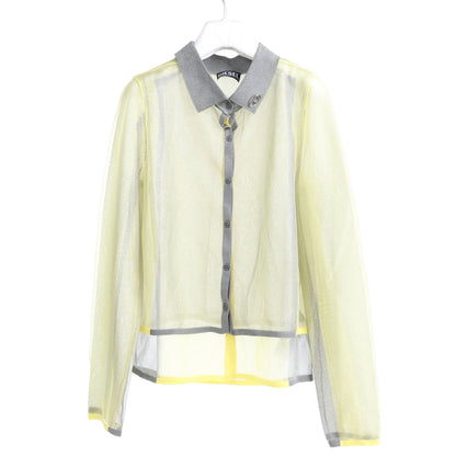 DIESEL long-sleeved shirt in sheer yellow fabric with metallic lurex detail, featuring a gray contrast collar, button placket, and hem accents, shown on a hanger in size S.