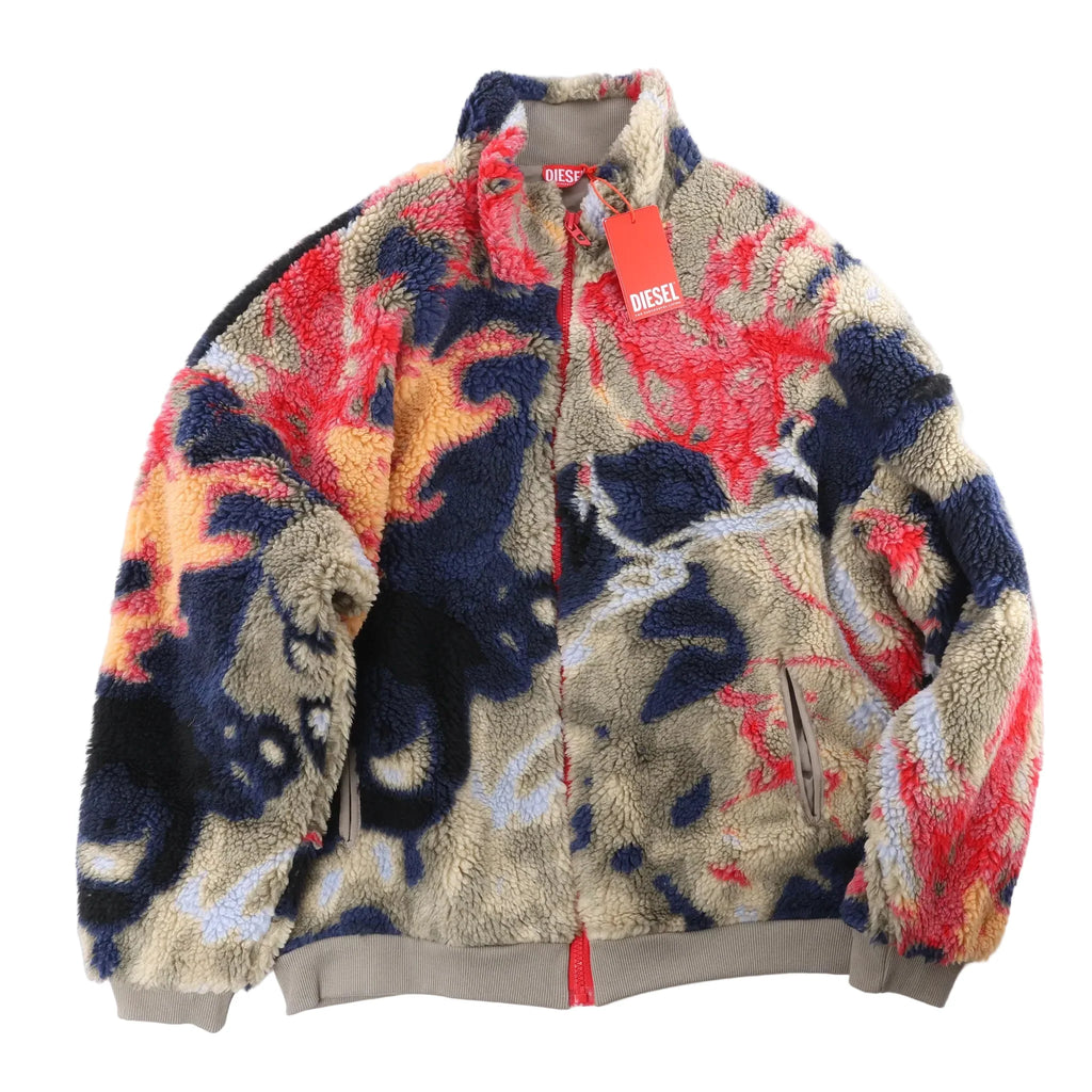 Diesel S-LUKE GIACCA teddy-fleece jacket in brown, red, navy and cream with a graffiti-inspired pattern, full zip closure, side zip pockets and ribbed cuffs and hem, laid flat on a white background.