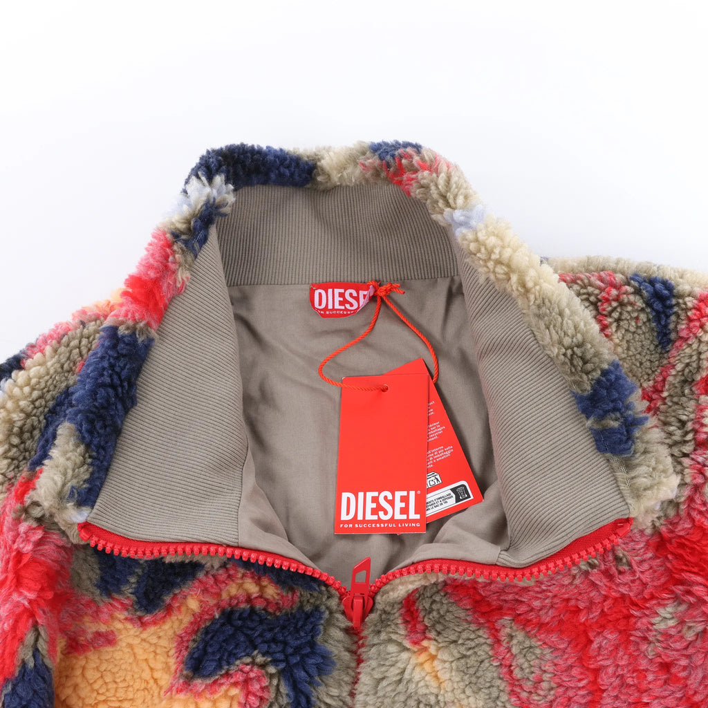 Diesel S-LUKE GIACCA Teddy-fleece Jacket with Graffiti Motif in Brown x Red, Size XXL