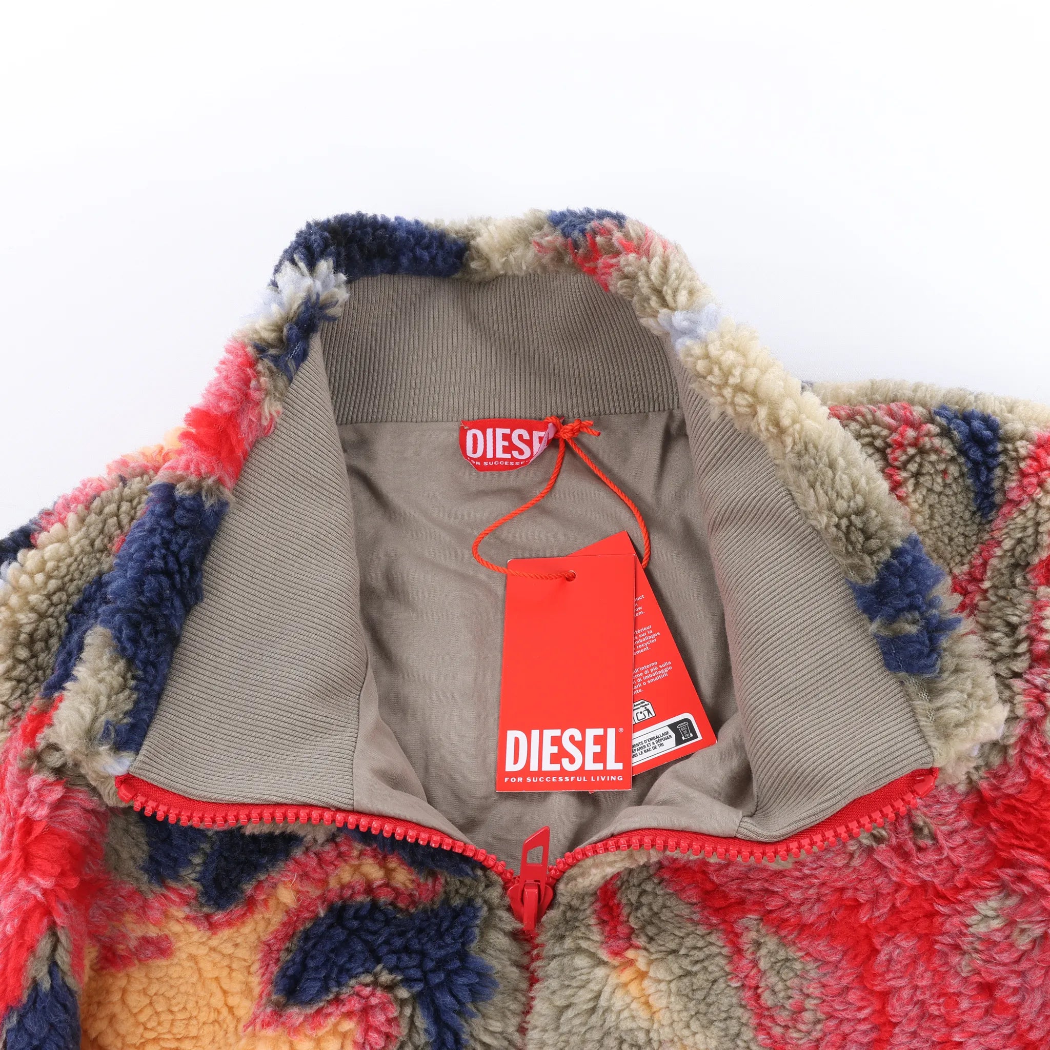 Diesel S-LUKE GIACCA Teddy-fleece Jacket with Graffiti Motif in Brown x Red, Size XXL
