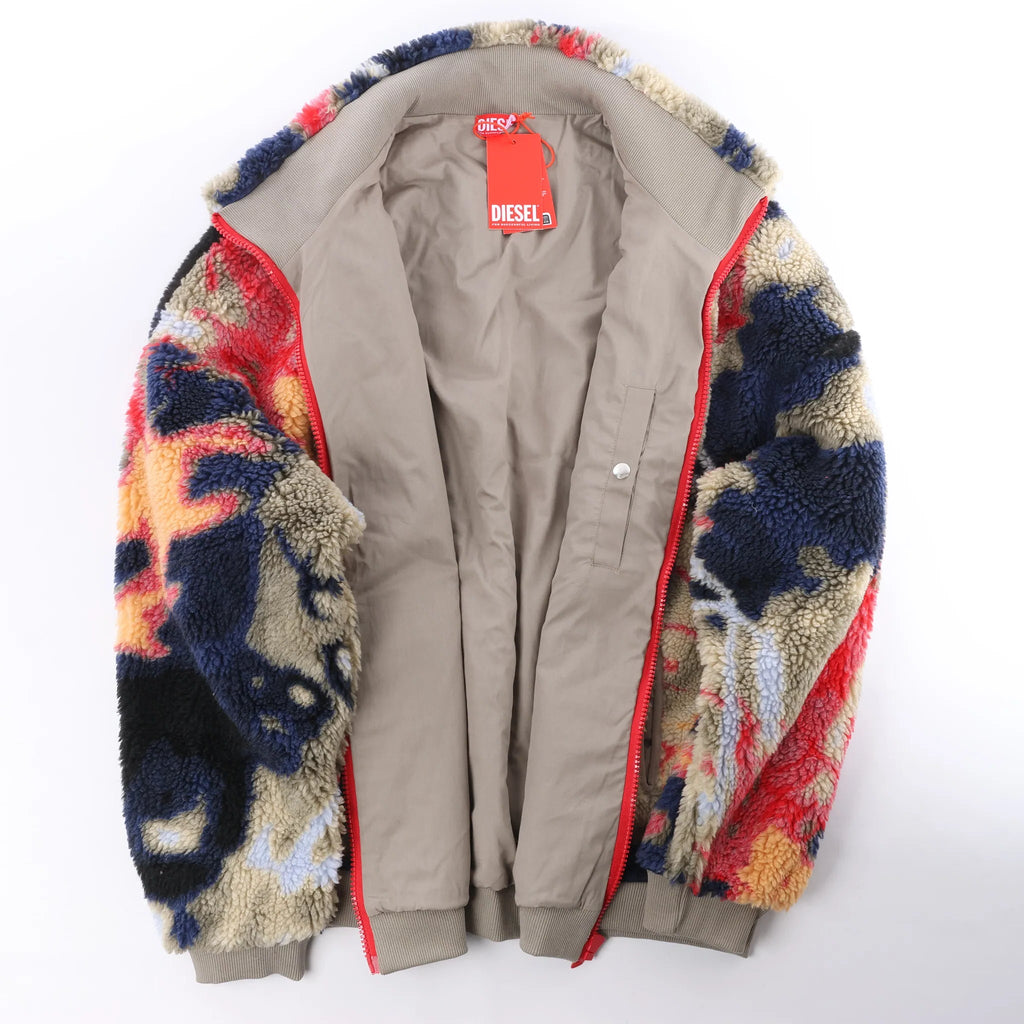Diesel S-LUKE GIACCA Teddy-fleece Jacket with Graffiti Motif in Brown x Red, Size XXL