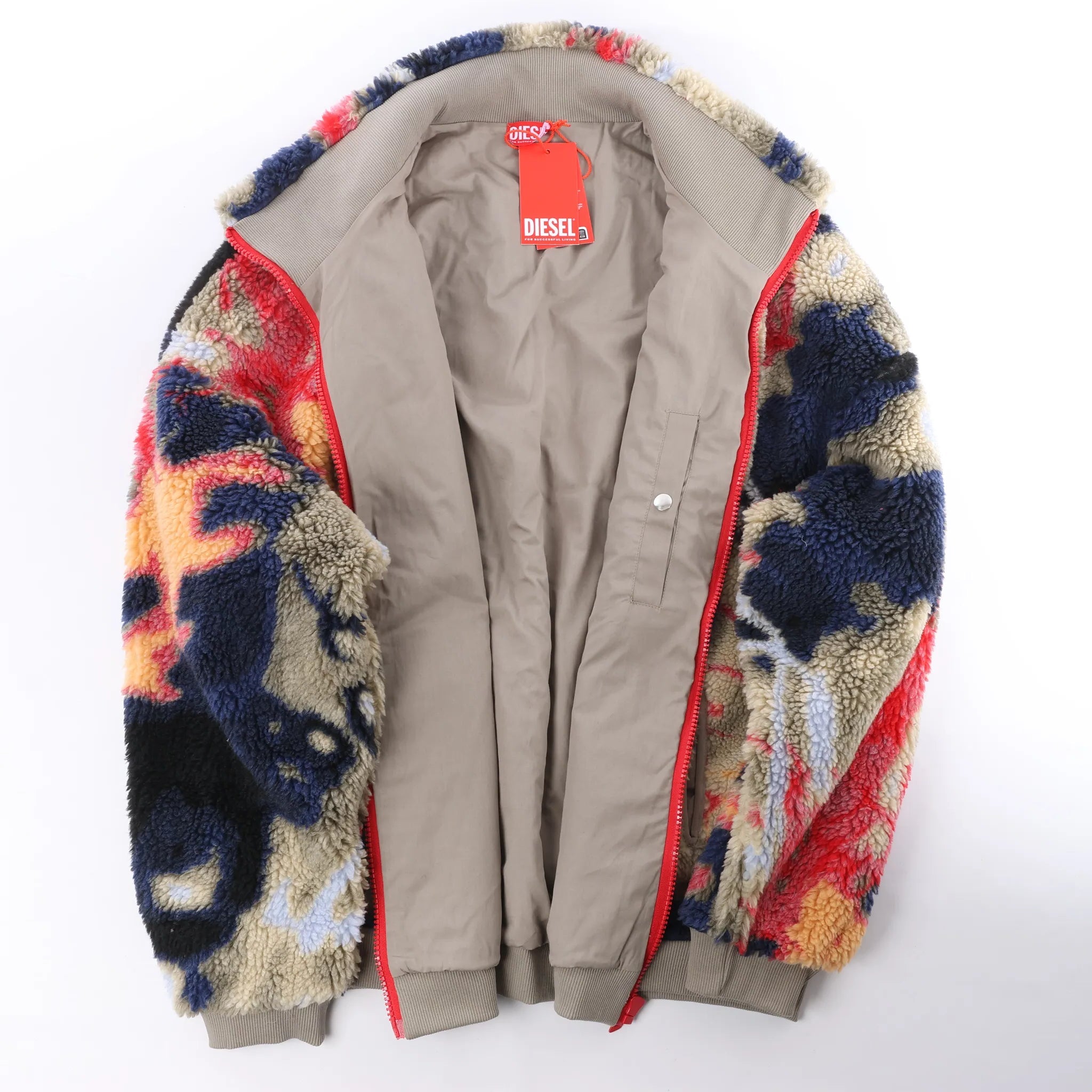 Diesel S-LUKE GIACCA Teddy-fleece Jacket with Graffiti Motif in Brown x Red, Size XXL