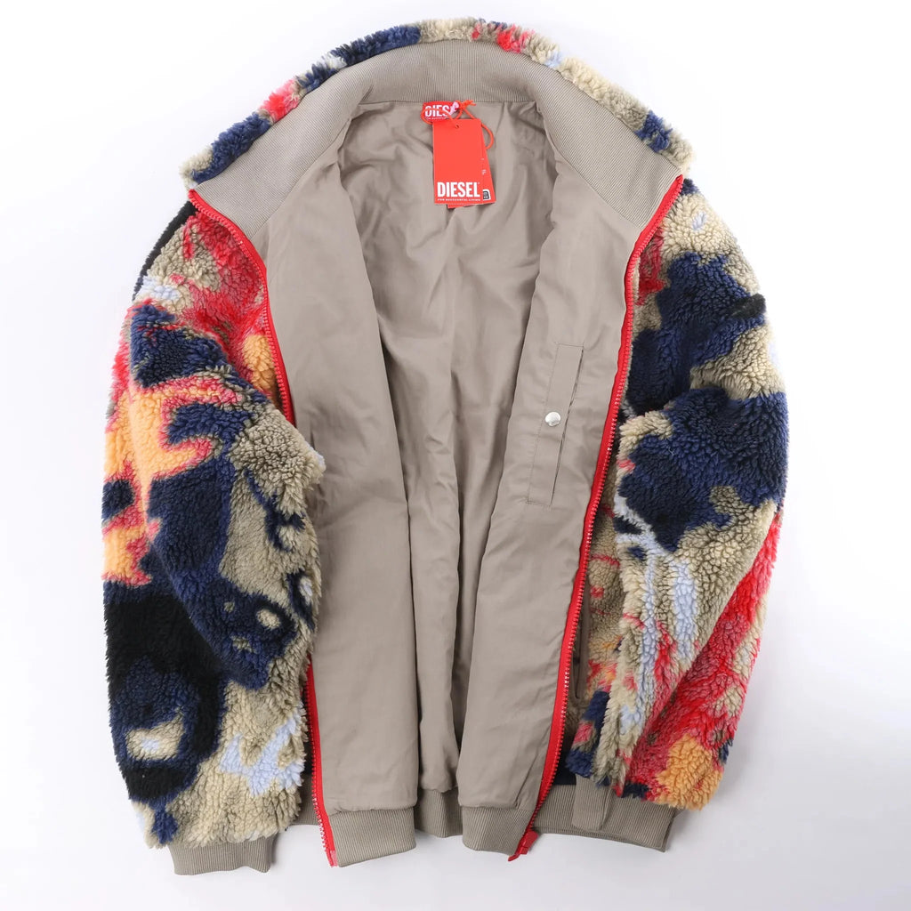 Diesel S-LUKE GIACCA Teddy-fleece Jacket with Graffiti Motif in Brown x Red, Size XXL