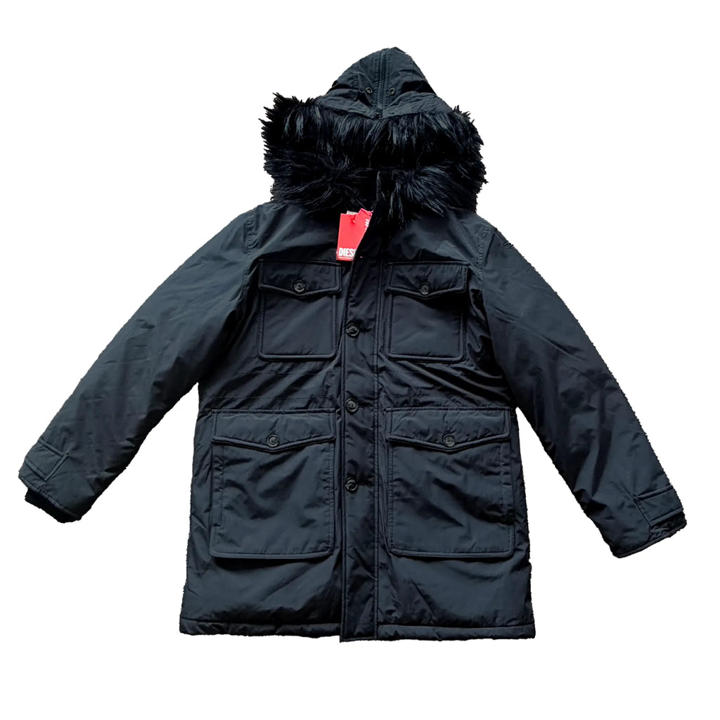 Diesel W-Jorgy Padded Parka Hooded Fluffy Faux-Fur in Black, Size 48 IT