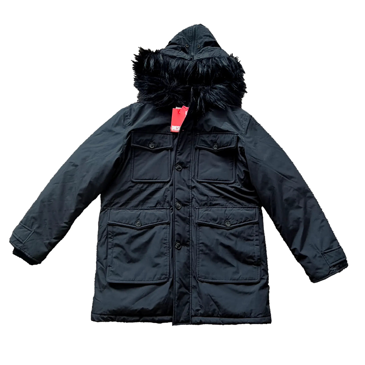 Diesel W-Jorgy Padded Parka Hooded Fluffy Faux-Fur in Black, Size 48 IT