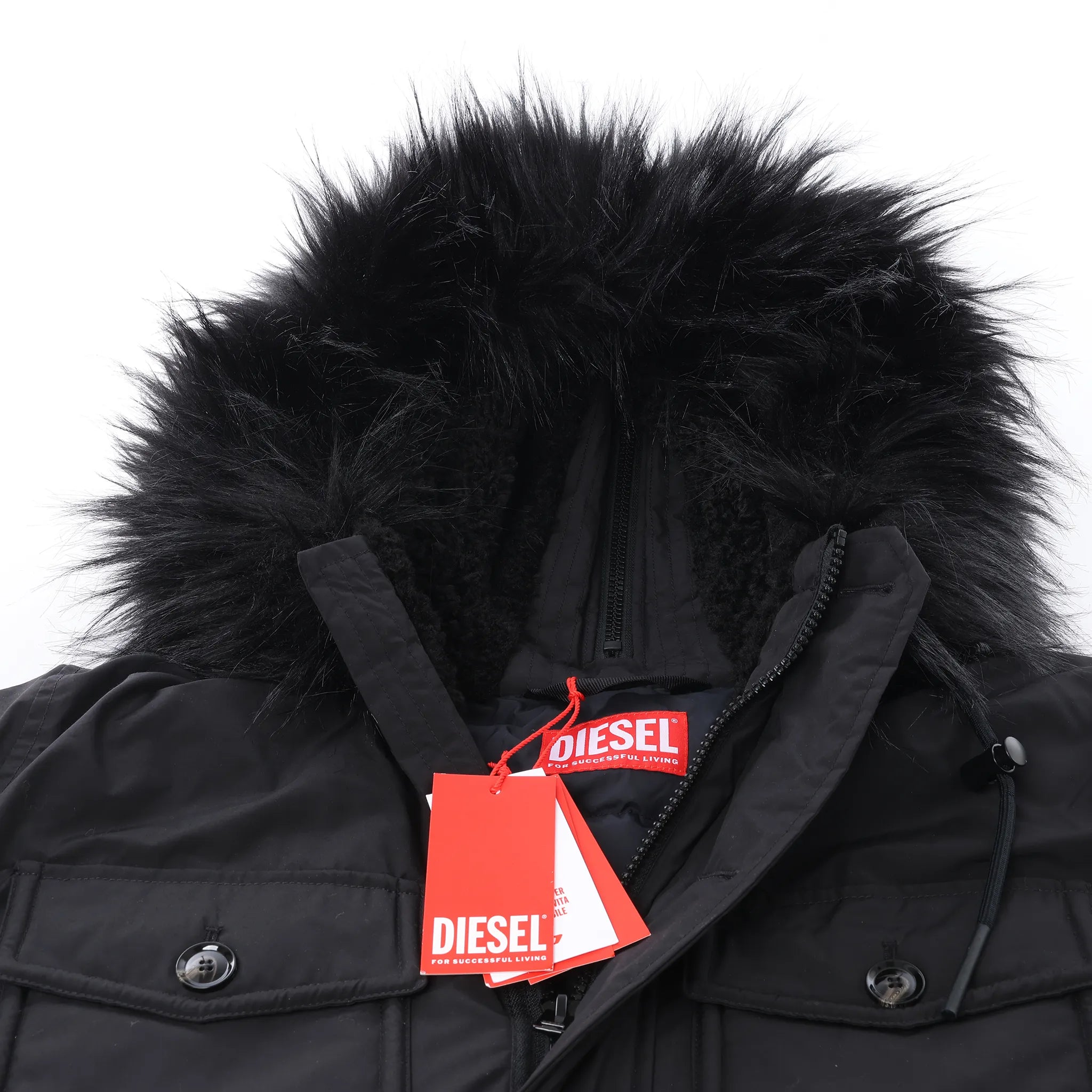 Diesel W-Jorgy Padded Parka Hooded Fluffy Faux-Fur in Black, Size 48 IT