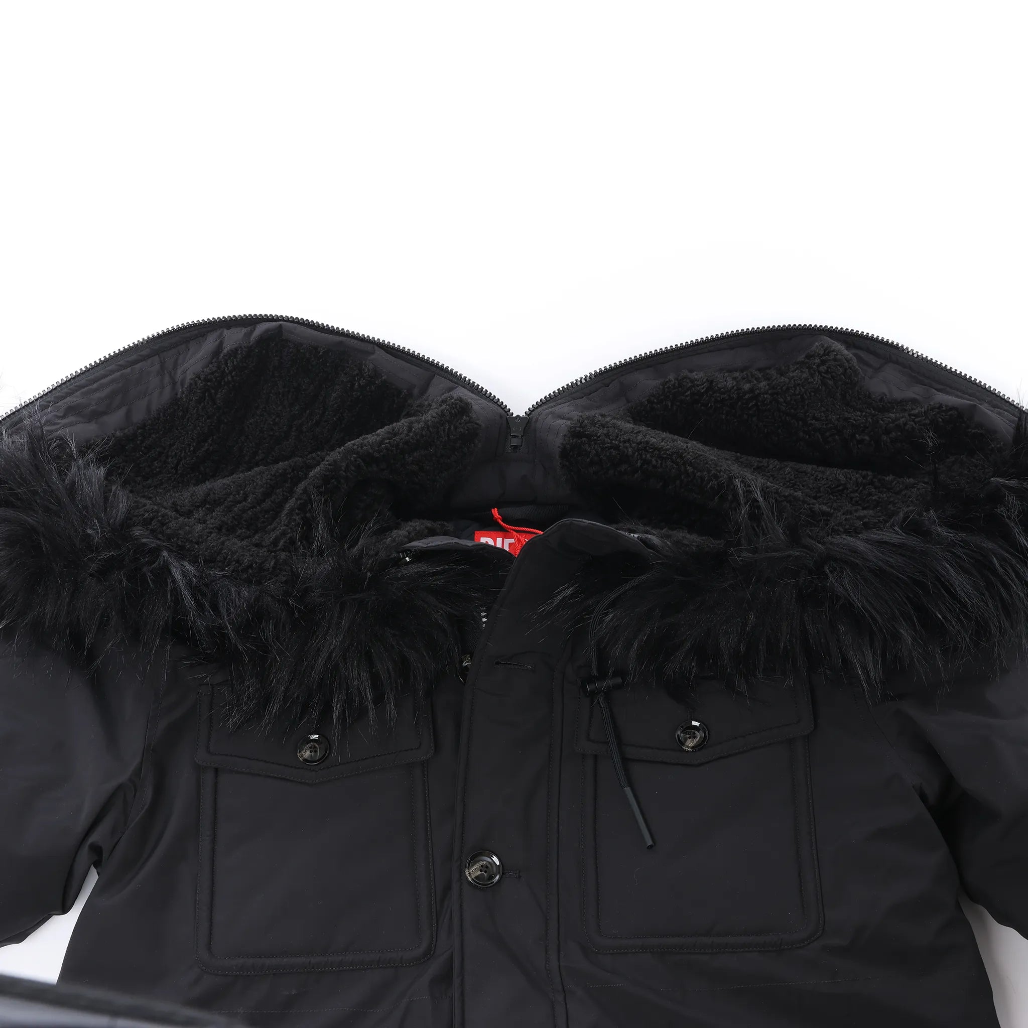 Diesel W-Jorgy Padded Parka Hooded Fluffy Faux-Fur in Black, Size 48 IT