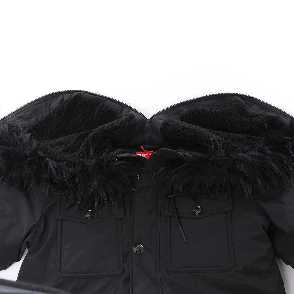 Diesel W-Jorgy Padded Parka Hooded Fluffy Faux-Fur in Black, Size 48 IT