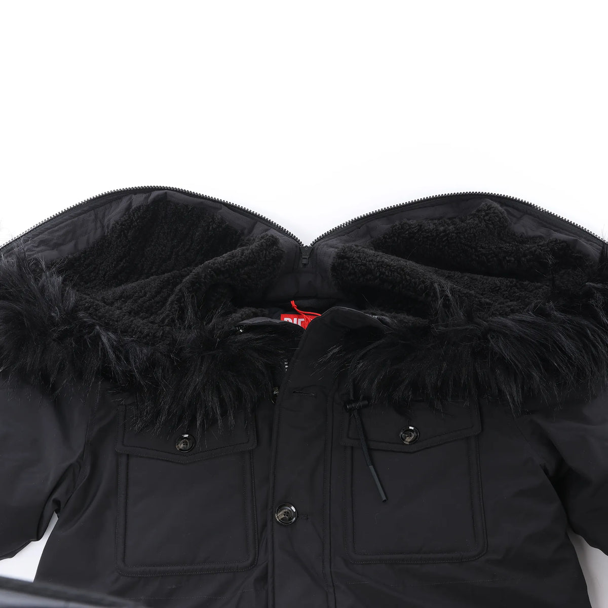 Diesel W-Jorgy Padded Parka Hooded Fluffy Faux-Fur in Black, Size 48 IT