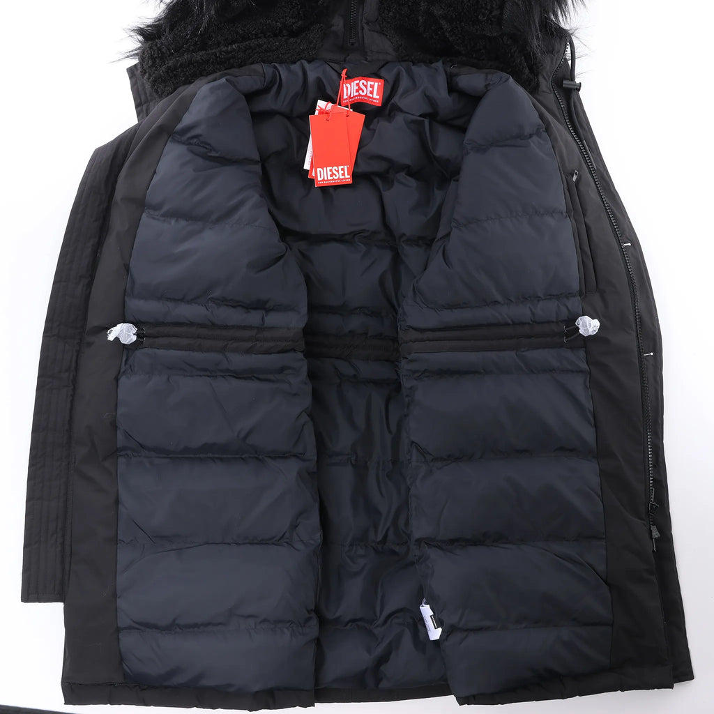 Diesel W-Jorgy Padded Parka Hooded Fluffy Faux-Fur in Black, Size 48 IT
