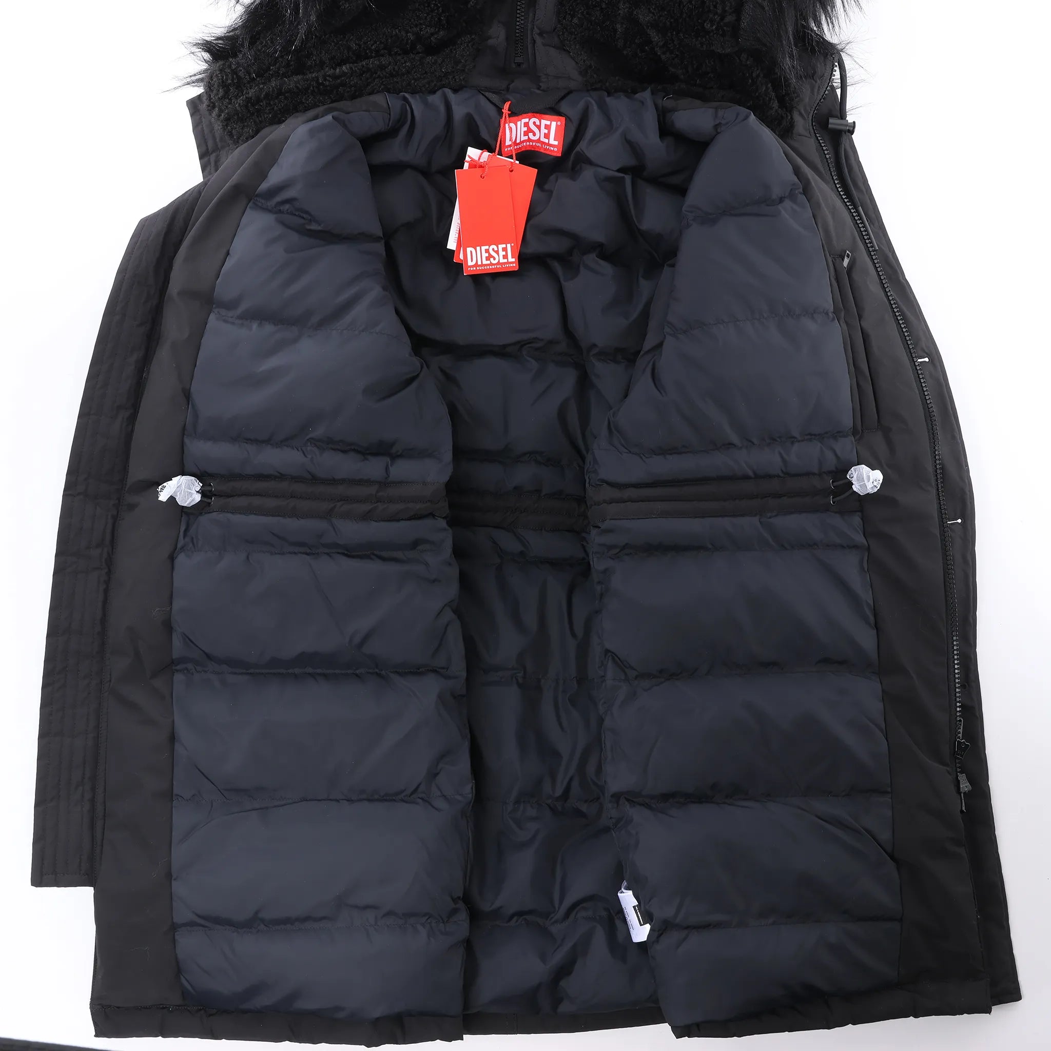 Diesel W-Jorgy Padded Parka Hooded Fluffy Faux-Fur in Black, Size 48 IT