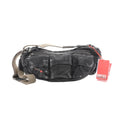 Washed gray denim Diesel crossbody bag with multiple front pockets, zip-top closure, wide adjustable strap, and red Diesel hangtag.