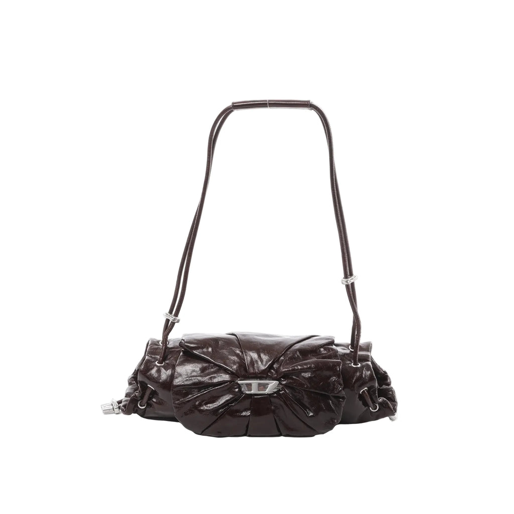 Burgundy Diesel Scrunch-D shoulder bag with glossy ruched leather, silver-tone buckle detail at center, and adjustable shoulder strap.
